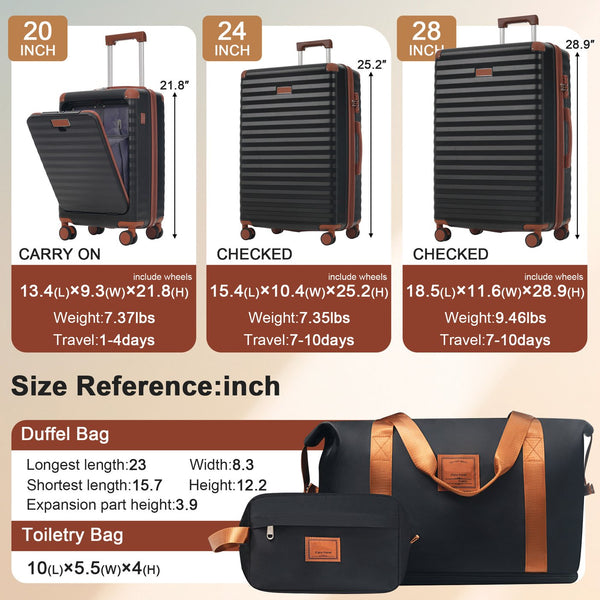 English Elm Luggage 5 Piece Abs Hardshell Travel Set with Usb Port Spinner Wheels and Tsa Lock Black Brown N732P265290B