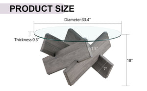 English Elm Round Tempered Glass Coffee Table with Sculptural Mdf Base for Modern Living Rooms Gray W1151P180317