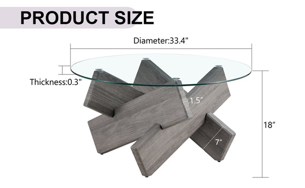 English Elm Round Tempered Glass Coffee Table with Sculptural Mdf Base for Modern Living Rooms Gray W1151P180317