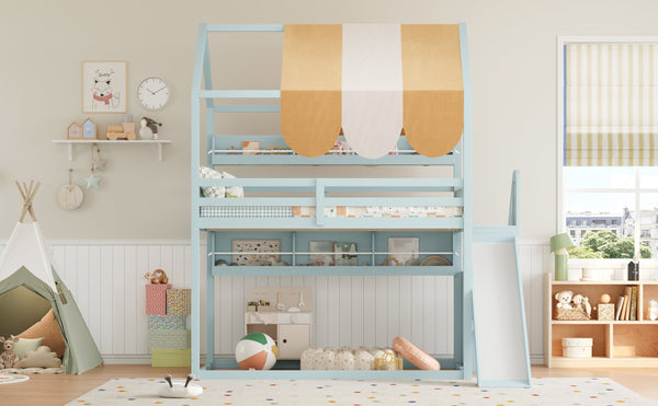 English Elm Full Size Wood Loft Bed with Canopy Slide and Built in Bookshelves for Kids Light Green N7090005021F
