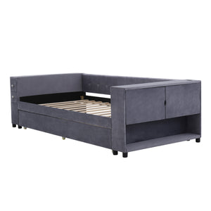 English Elm Twin Upholstered Bed with Trundle and Storage Drawers, USB Ports, French Velvet Luxurious Feel Gray SF000184AAE
