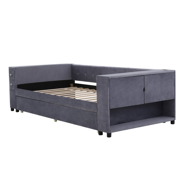 English Elm Twin Upholstered Bed with Trundle and Storage Drawers, USB Ports, French Velvet Luxurious Feel Gray SF000184AAE