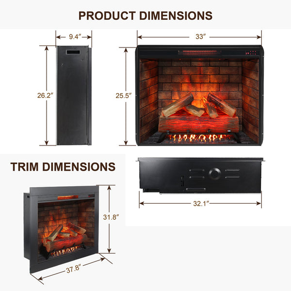 English Elm 33 Inch Infrared Quartz Electric Fireplace Insert with 3d Flame and Crackling Sound W1769P252988