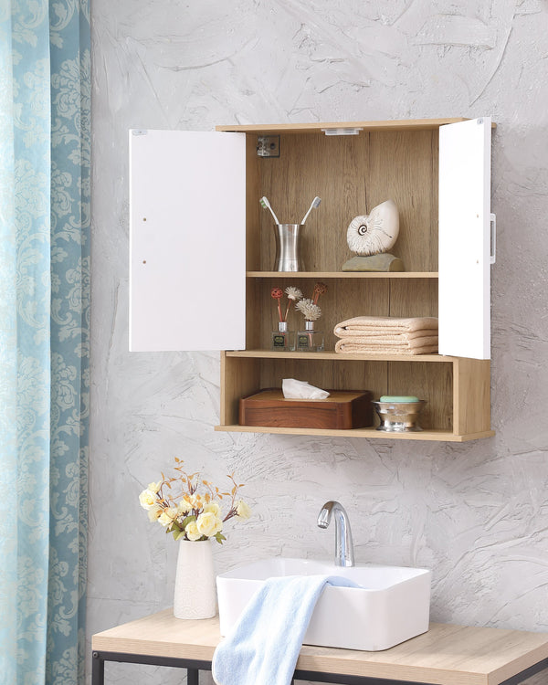 English Elm Bathroom Wall Cabinet White & Natural Wood with Wavy Doors, Adjustable Shelf, Bottom Storage, Easy Install W3151P288945