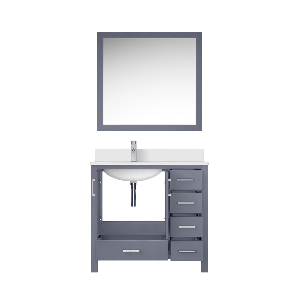 English Elm Dark Grey Bath Vanity Set With Left Offset Quartz Top, Chrome Faucet, And Matching 34” Mirror B2731S01262