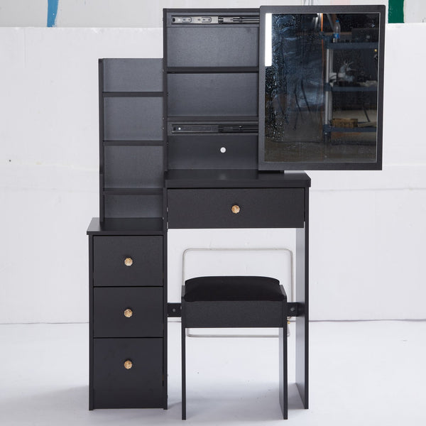 English Elm 29.2" Elegant Small Space Vanity Table With Sliding Mirror & Cushioned Stool, Stylish Storage Solution W936P226030