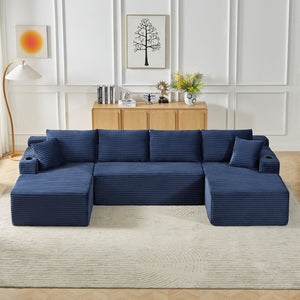 English Elm Compressible Modular U-shaped Cloud Sofa Corduroy Sectional for Spacious Living Rooms Blue W2339S00149