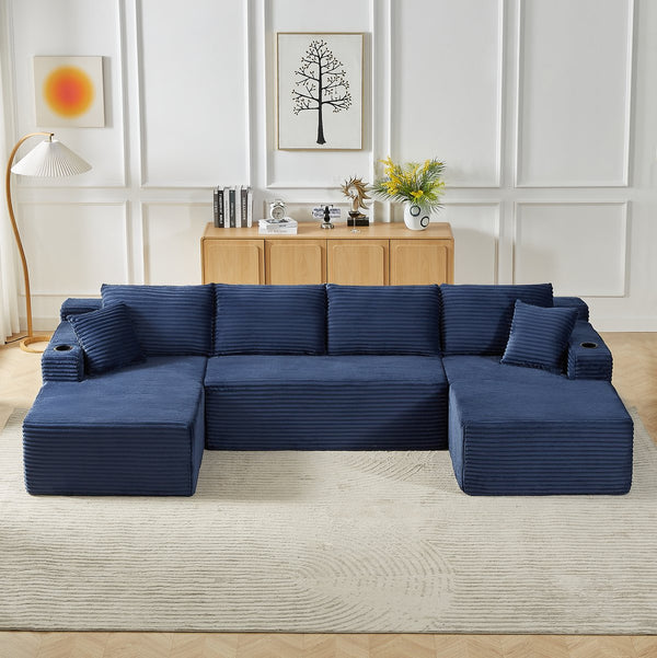 English Elm Compressible Modular U-shaped Cloud Sofa Corduroy Sectional for Spacious Living Rooms Blue W2339S00149