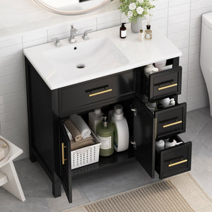 English Elm 36" Matte Freestanding Bathroom Vanity Solid Wood Cabinet Ceramic Sink Three Drawers Black N725P364205B