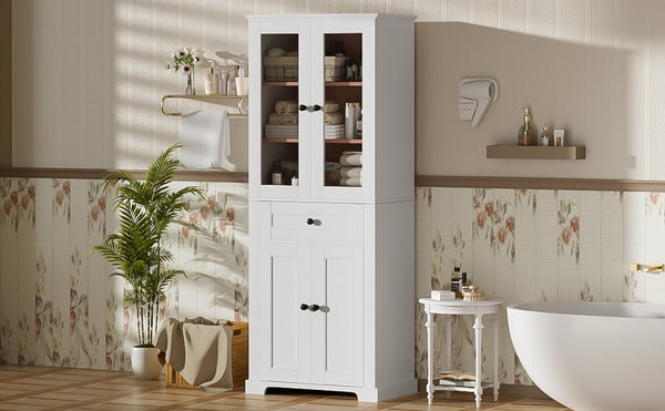 English Elm 67.2" Tall Bathroom Storage Cabinet with Tempered Glass Doors, Adjustable Shelves, Soft-Close Hinges and Anti-Tip Safety White N729P310006K