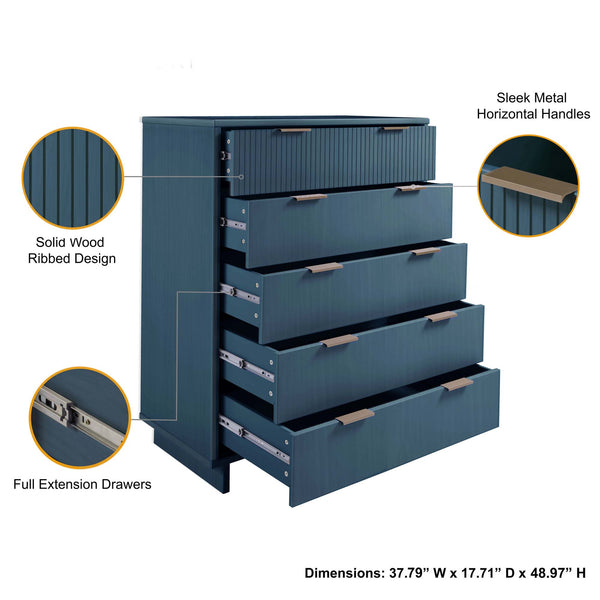 English Elm Granville 38" Chest - Elegant Midnight Blue 5-Drawer Storage With Gold Handles For Modern Spaces B365S00083