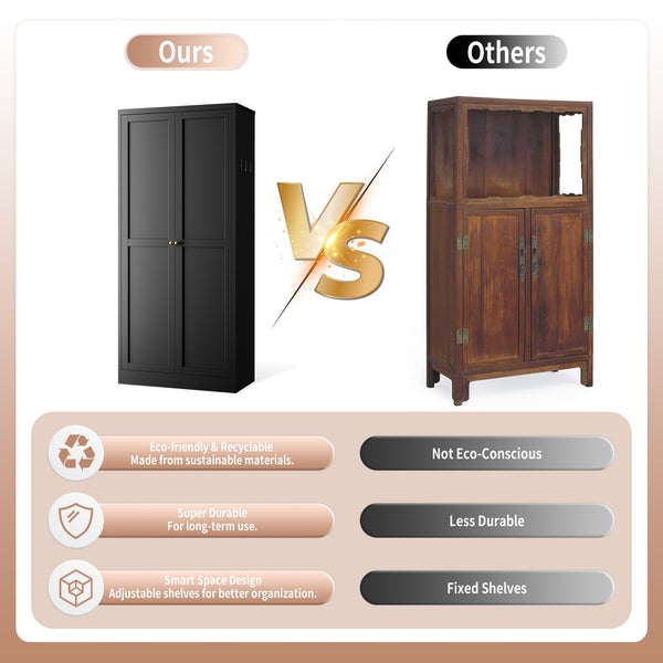 English Elm 61" Matte Black Steel Freestanding Pantry Cabinet with 4 Adjustable Shelves Modern Farmhouse T2398P465983