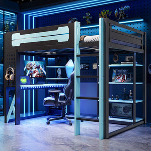English Elm Full Size Loft Bed with Rgb Lighting Chevron Desk Usb Charging Ports and Storage Shelves Black+Blue LT000286AAC