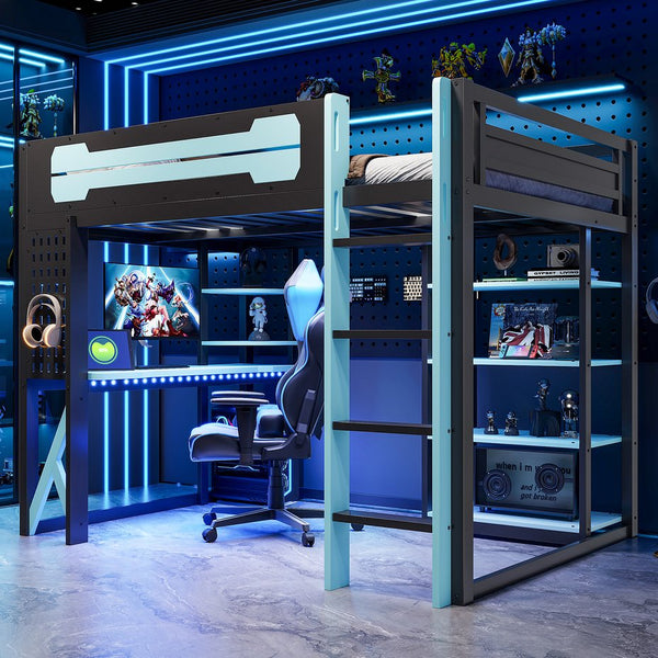 English Elm Full Size Loft Bed with Rgb Lighting Chevron Desk Usb Charging Ports and Storage Shelves Black+Blue LT000286AAC