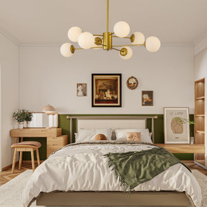 English Elm 35" Mid-century Branching Chandelier Eight Frosted Globe Shades Gold Iron Frame W2312P471909