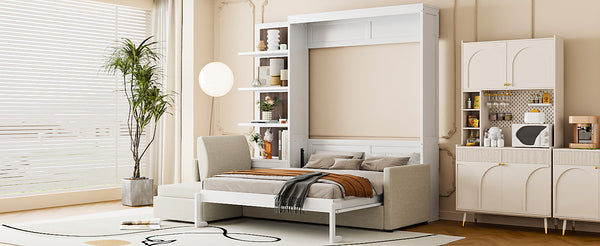 English Elm Queen Wall Bed with Linen Sofa and Open Shelving for Studio or Guest Room LP000592AAK-1