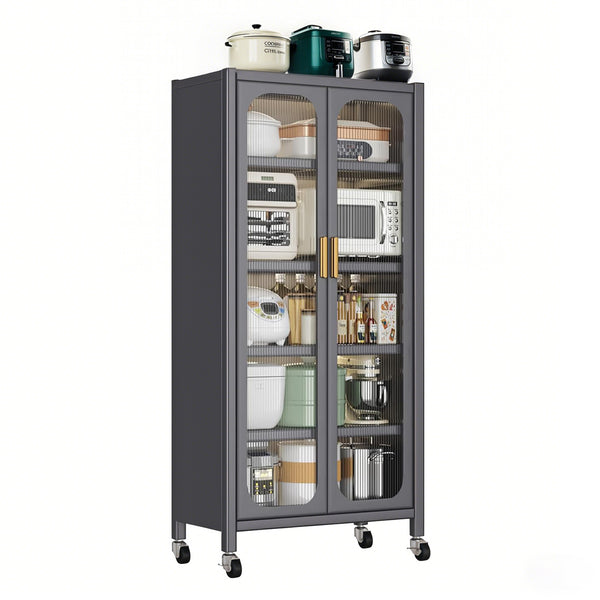English Elm 65" Metal Pantry Cabinet with Transparent Doors, 6-Tier Adjustable Shelves, Locking Wheels, Gray W3204P300623