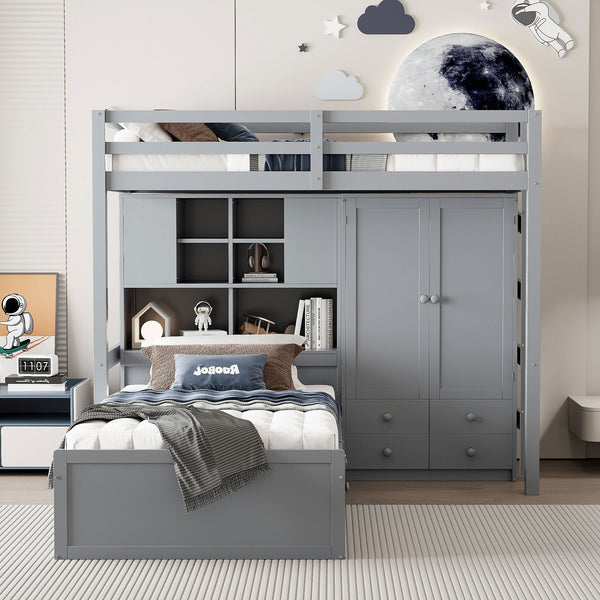 English Elm Twin Bunk Bed with Wardrobe Drawers Hydraulic Lift Shelves Kids Storage Gray LT000666AAE-1