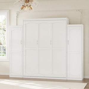 English Elm Queen Murphy Bed with 2 Wardrobes & Foldable Platform, Space-Saving White Queen Bedframe 650lbs N733S339767K