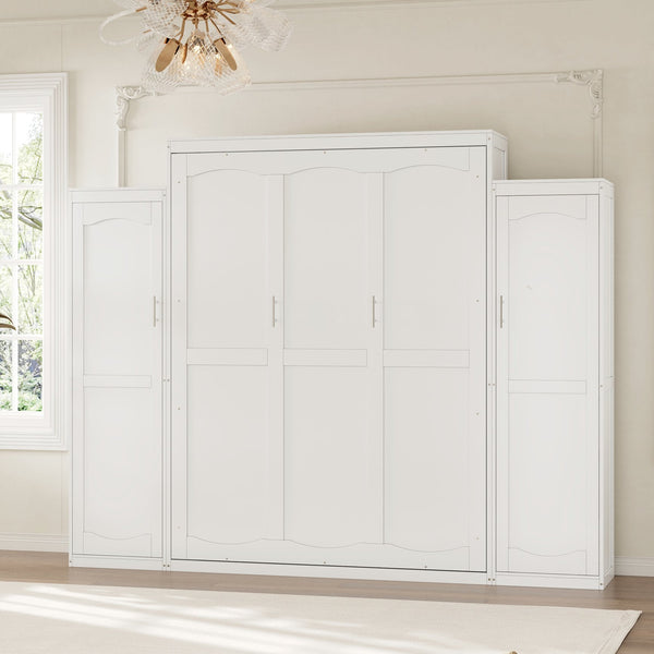 English Elm Queen Murphy Bed with 2 Wardrobes & Foldable Platform, Space-Saving White Queen Bedframe 650lbs N733S339767K