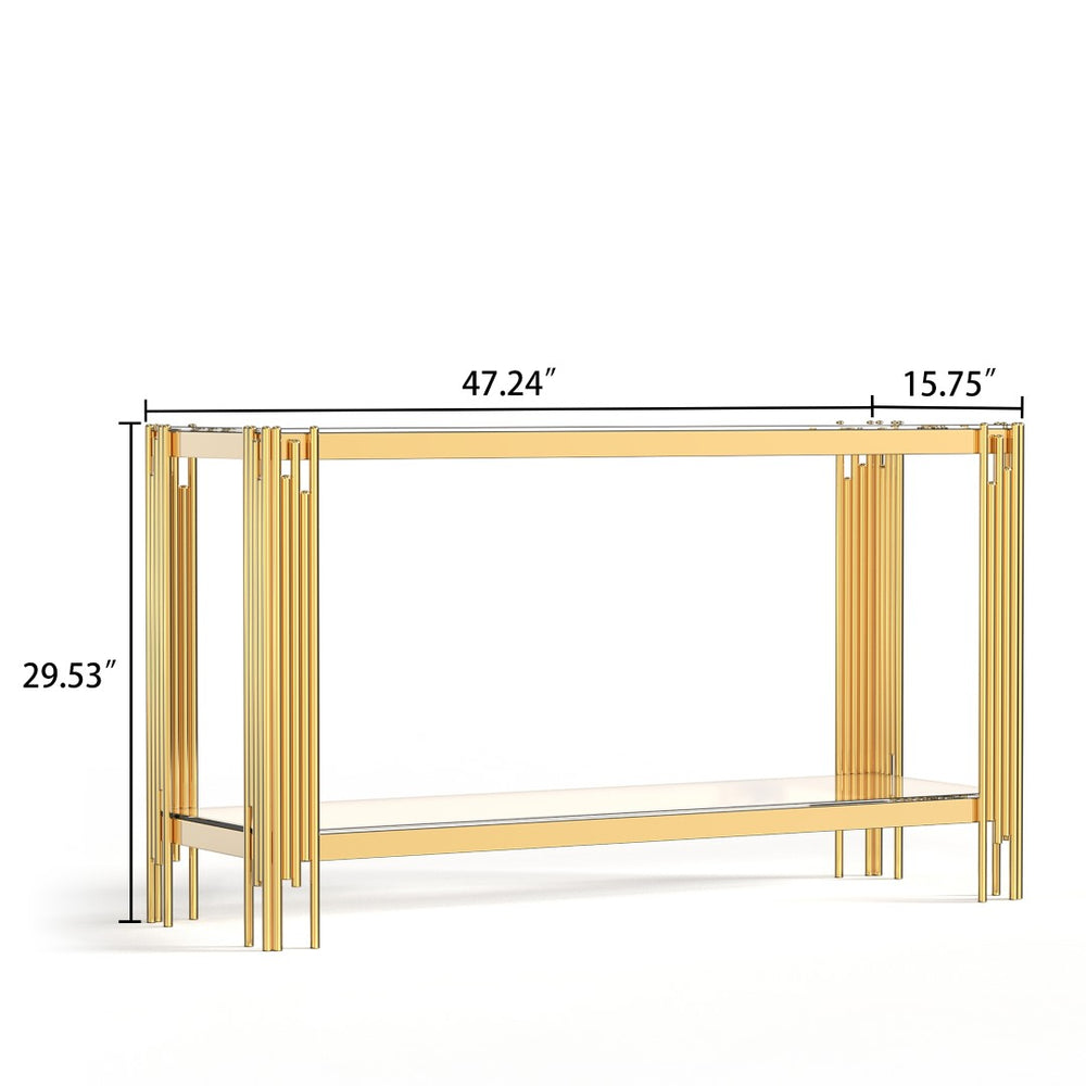 English Elm Top Double Layer Console Table With Tempered Glass Shelves & Luxe Gold Stainless Steel Frame Design W1241S00395-GIGA
