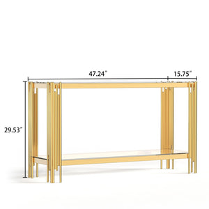 English Elm Top Double Layer Console Table With Tempered Glass Shelves & Luxe Gold Stainless Steel Frame Design W1241S00395-GIGA
