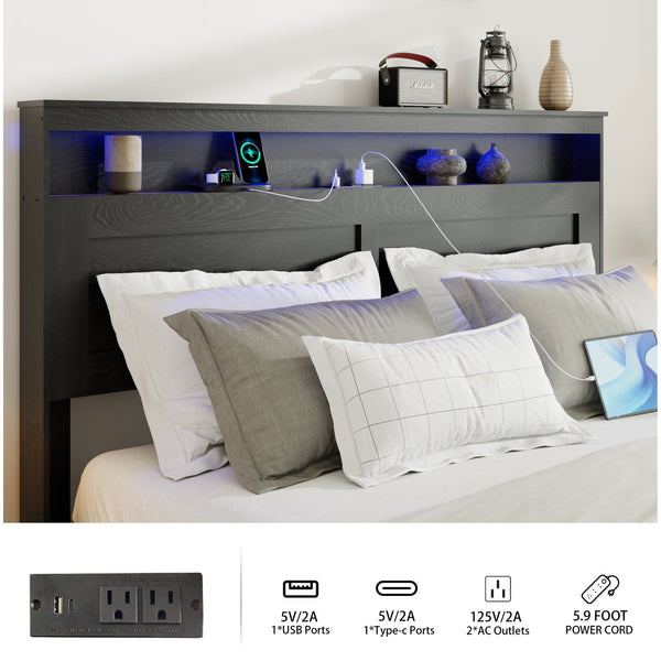 English Elm Bed Frame Queen Size With Storage, Led Headboard & Usb Charging - Easy Assembly, Noise-Free Design! W636P265339