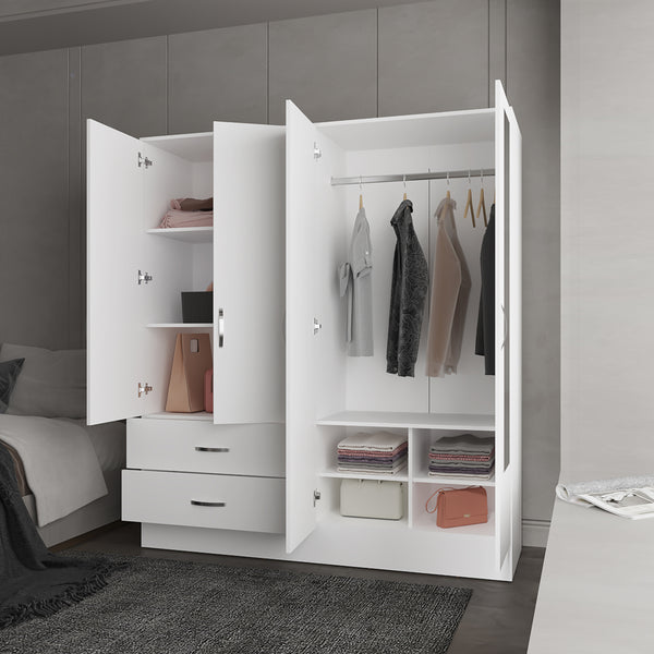 English Elm Armoire Ron White Mirrored Double Door Wardrobe with Drawers, Rods & Shelves – Space-Saving Quality B092S00295