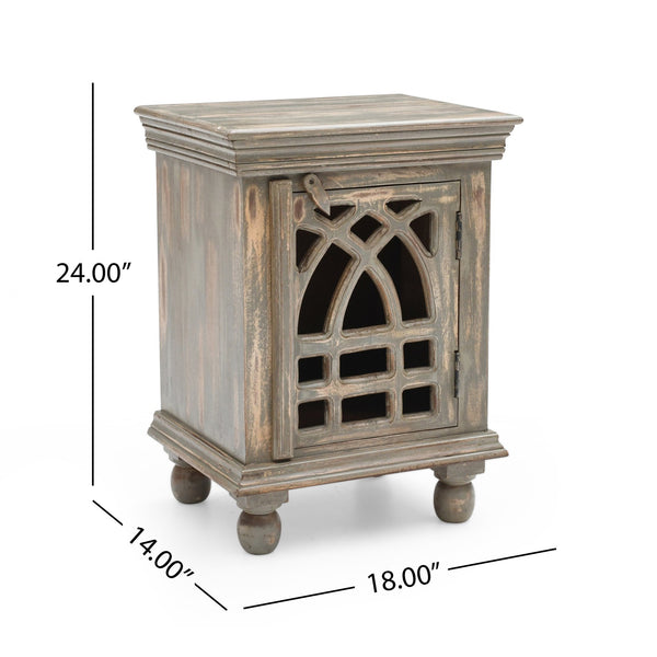 English Elm Christopher Knight Home® - Antique Hand-Carved Grey Mango Wood Nightstand – Distressed Vintage Finish, Solid Craftsmanship, Bedside Storage N758P194723D