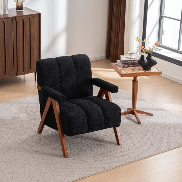 English Elm Mid-century Modern Chenille Lounge Chair Set Oak Frame Cloud Silhouette Living Room Black W1170S00051