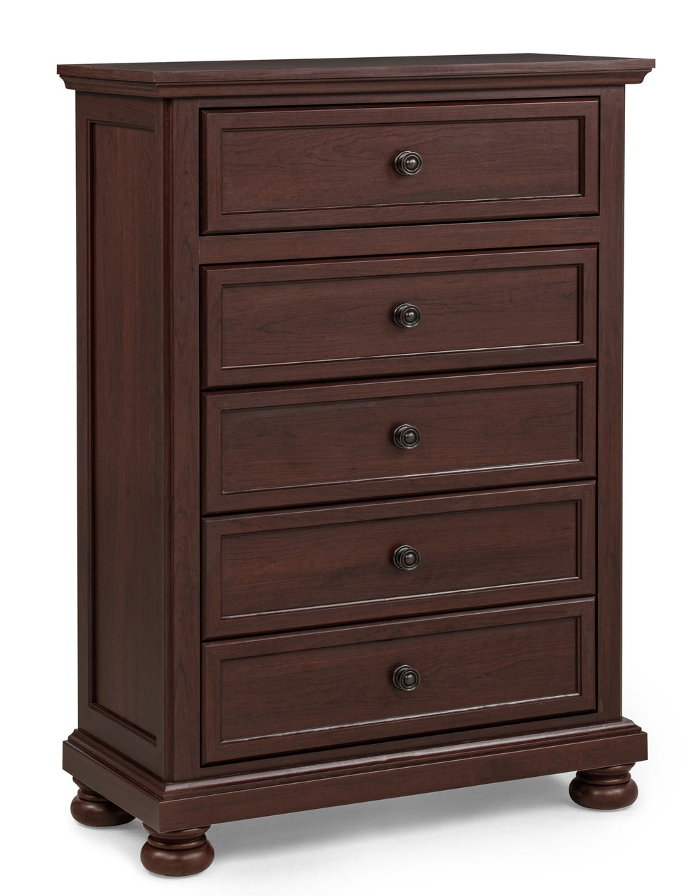 English Elm Contemporary Five Drawer Tall Chest Two Tone Veneer Bun Feet Bedroom Storage B2741P457650