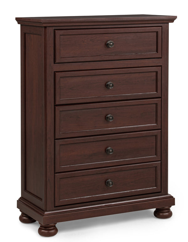 English Elm Contemporary Five Drawer Tall Chest Two Tone Veneer Bun Feet Bedroom Storage B2741P457650