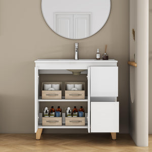 English Elm 36-inch Glossy White Bathroom Vanity with Ceramic Sink Soft Close Drawers Minimalist W3151S00068