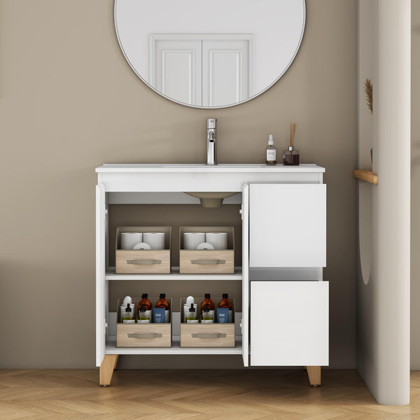 English Elm 36-inch Glossy White Bathroom Vanity with Ceramic Sink Soft Close Drawers Minimalist W3151S00068