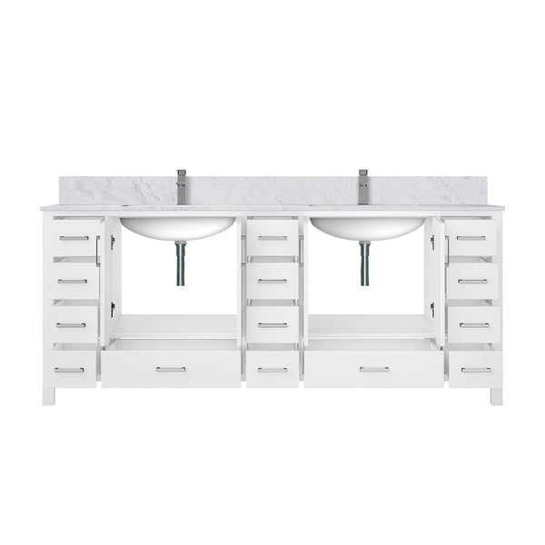 English Elm White Double Bath Vanity 84" W x 22" D with Carrara Marble Top, 14 Drawers, Soft-Close, Faucet Included B2731P259146