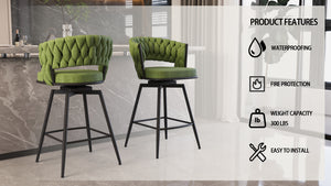 English Elm 26" Bar Chair Suede Woven Bar Stool Set of 2 with 360° Swivel, Plush Technical Leather, Sturdy Metal Base Green W2189P180369
