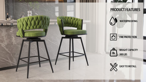 English Elm 26" Bar Chair Suede Woven Bar Stool Set of 2 with 360° Swivel, Plush Technical Leather, Sturdy Metal Base Green W2189P180369