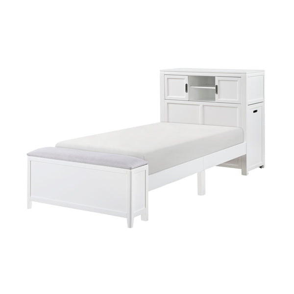 English Elm Gray Twin Platform Bed with Bookcase Headboard Hidden Desk Stool and Footboard Bench White B011S02324