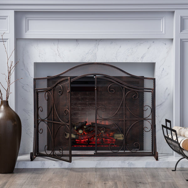 English Elm Christopher Knight Home® - FIRE Screen Gary 3-Panel Iron Fireplace Screen with Doors, Black Copper Finish, Camelback Scrollwork Protective Accent 65187.00BLKCOP