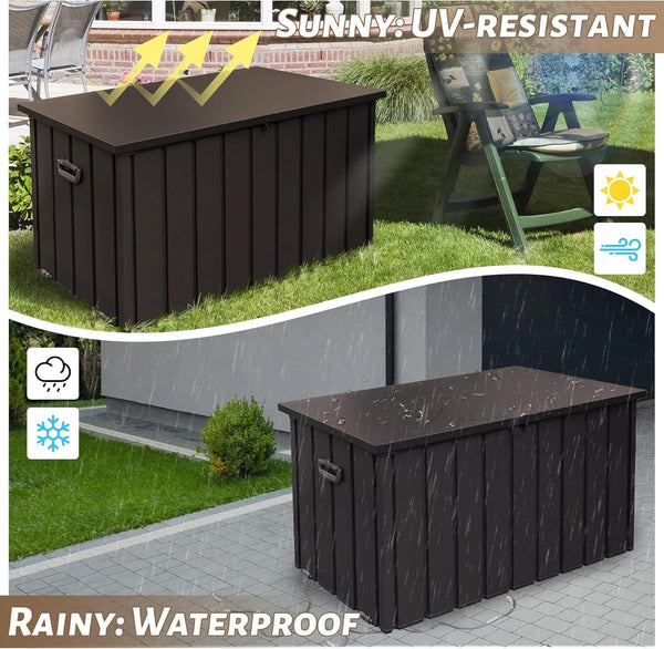 English Elm 190 Gallon Metal Deck Box Waterproof Steel Outdoor StorageBench with Lock, Wheels, Hydraulic Pistons Dark Brown W1859P404346