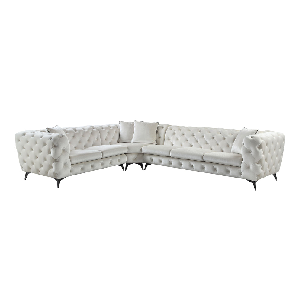 English Elm Atronia Beige Sectional Sofa with 4 Pillows — Button Tufted Fabric, Pocket Coil Seats, Removable Covers B2726S00353