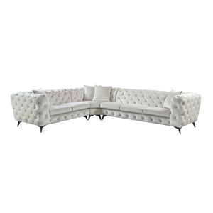 English Elm Atronia Beige Sectional Sofa with 4 Pillows — Button Tufted Fabric, Pocket Coil Seats, Removable Covers B2726S00353