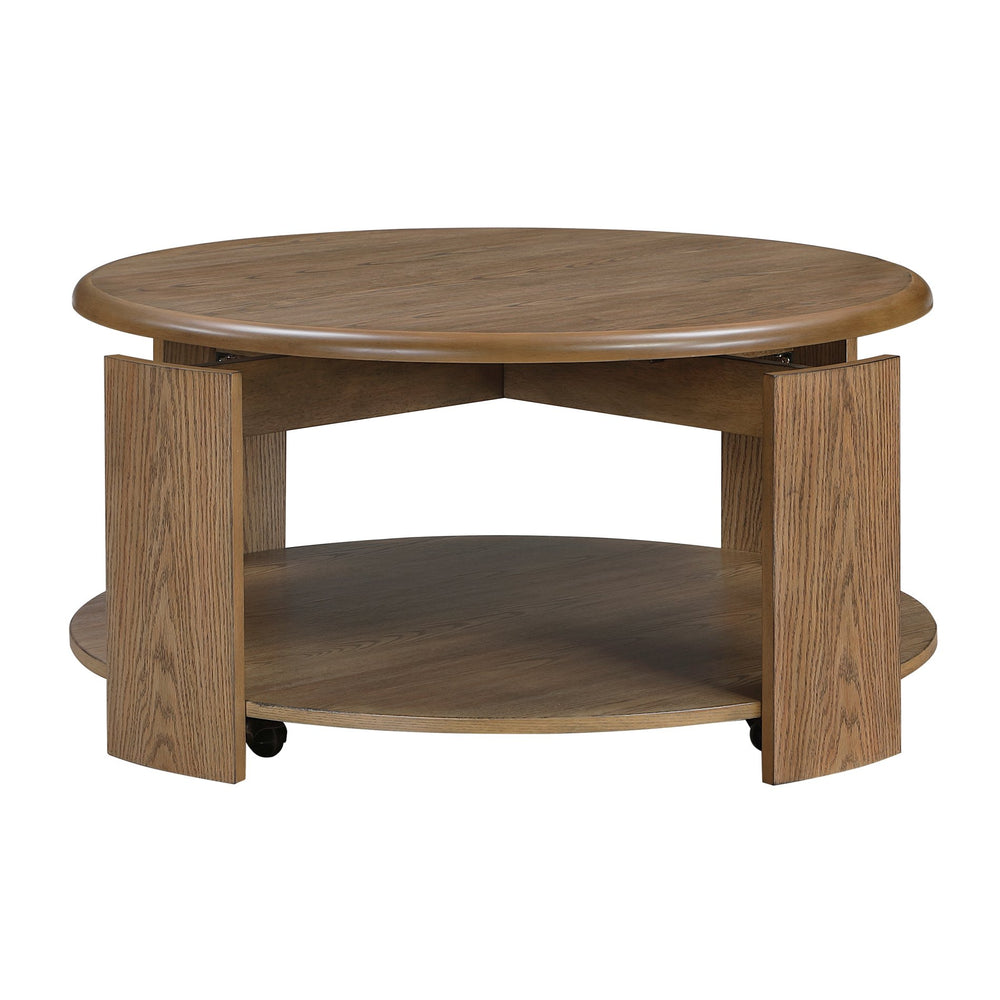 English Elm Brown Round Swivel Top Coffee Table with Oak Veneer, Open Shelf & Casters for Stylish Living Brown 41 L x 41 W x 10 H B011P351964