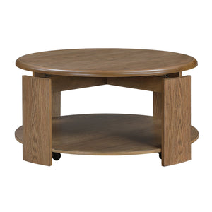 English Elm Brown Round Swivel Top Coffee Table with Oak Veneer, Open Shelf & Casters for Stylish Living Brown 41 L x 41 W x 10 H B011P351964