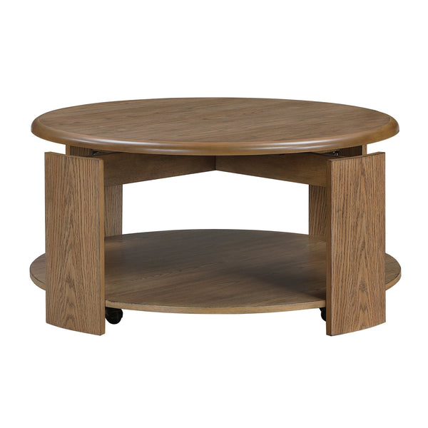 English Elm Brown Round Swivel Top Coffee Table with Oak Veneer, Open Shelf & Casters for Stylish Living Brown 41 L x 41 W x 10 H B011P351964