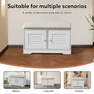English Elm 28.74"Shoe Storage Bench with Cushion, 2-Door Louver Cabinet, Adjustable Shelves, Breathable Seat W2948P244736