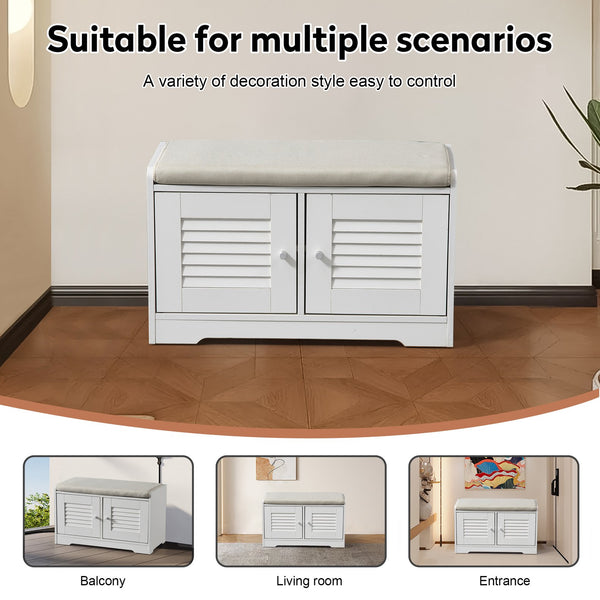 English Elm 28.74"Shoe Storage Bench with Cushion, 2-Door Louver Cabinet, Adjustable Shelves, Breathable Seat W2948P244736
