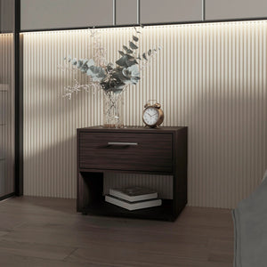English Elm Stained Walnut Nightstand with Spacious Shelf and Single Drawer — Timeless Warmth, Sleek Rectangular Design B062P290276