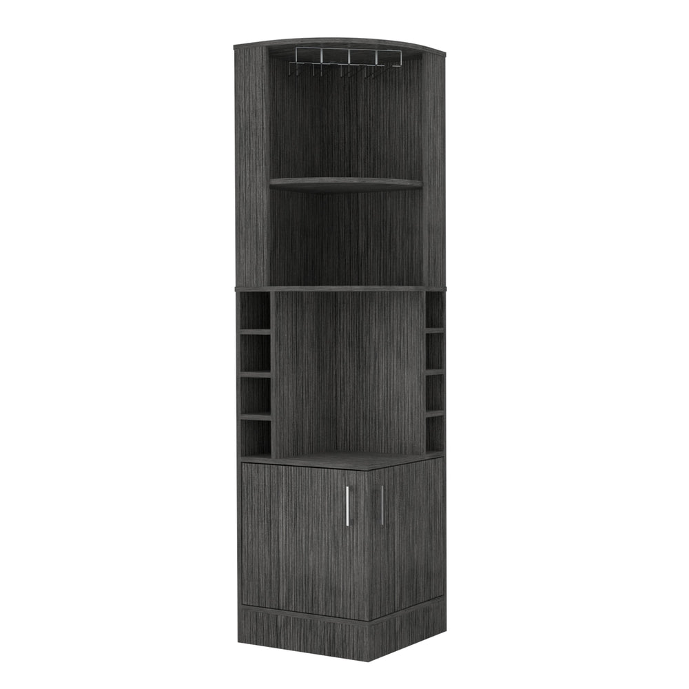 English Elm Seattle Smokey Oak Bar Cabinet with Corner Design, 8 Bottle Cubbies, Glass Racks & Open Shelves B128P176127