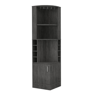 English Elm Seattle Smokey Oak Bar Cabinet with Corner Design, 8 Bottle Cubbies, Glass Racks & Open Shelves B128P176127